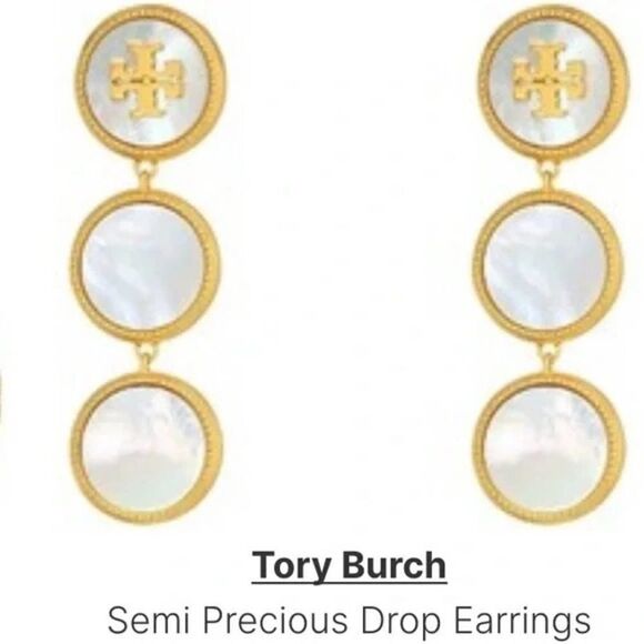Tory Burch Jewelry - New Tory Burch Gold Logo, Semi Precious Mother Of Pearl Dangle Stud Earr…